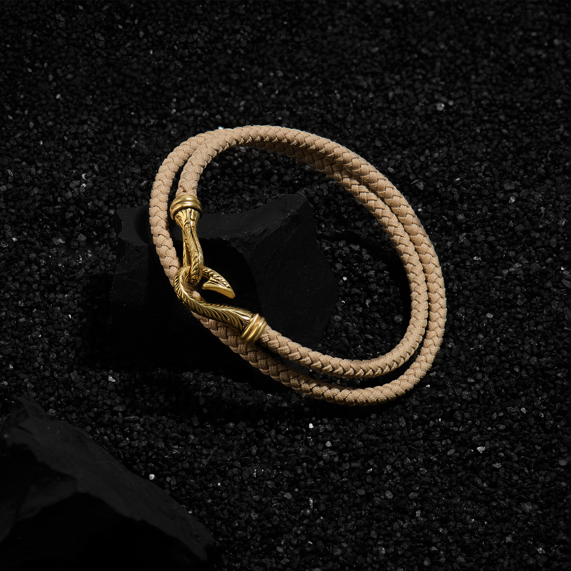 Men's Beige Cotton Wrap and Gold Fish Hook Bracelet