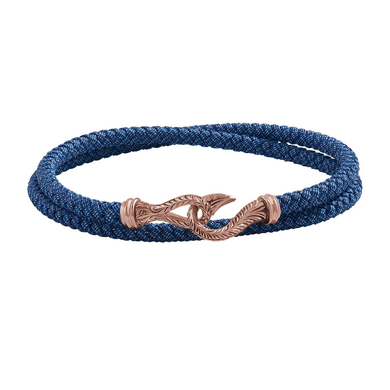 Men's Blue Cotton Wrap Bracelet with Solid Rose Gold Fish Hook - Atolyestone