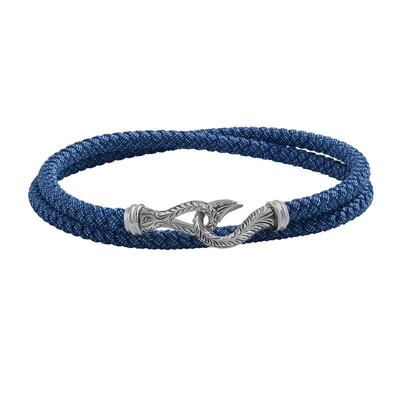 Men's Blue Cotton Wrap Bracelet with Solid White Gold Fish Hook - Atolyestone