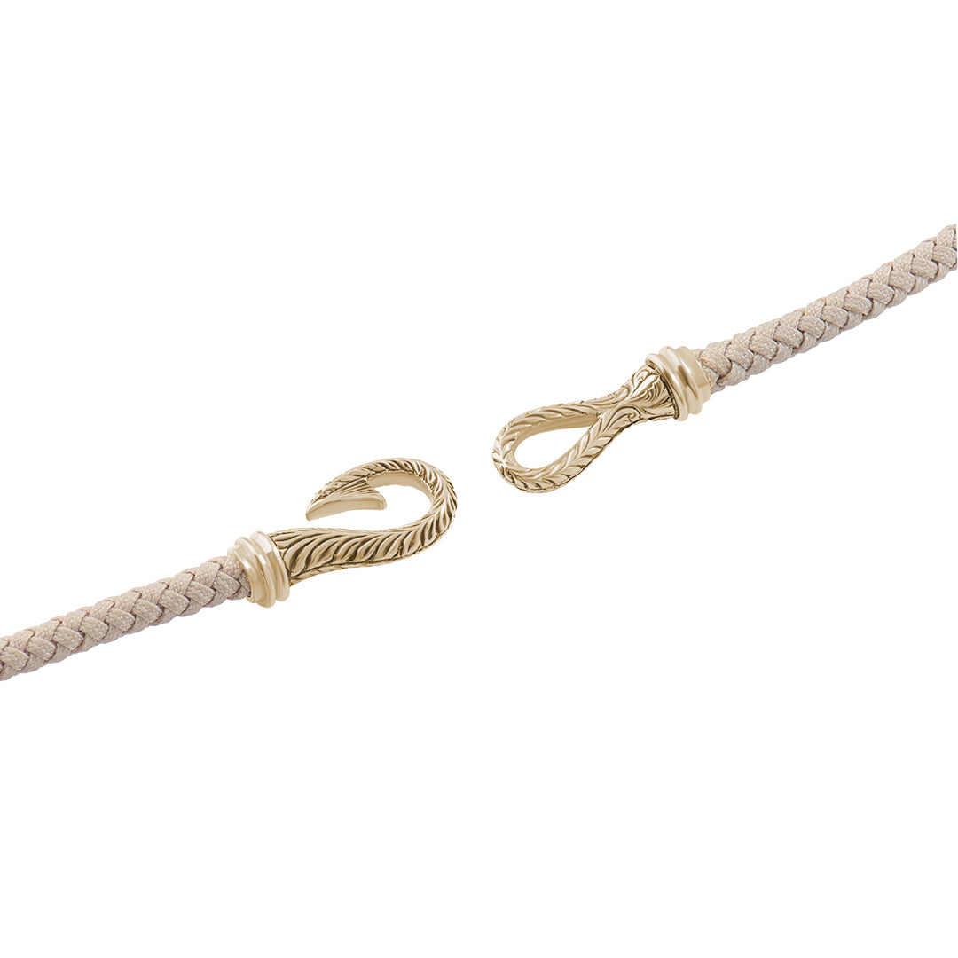 Men's Real Gold Hand-carved Fish Hook Beige Cotton Wrap Bracelet