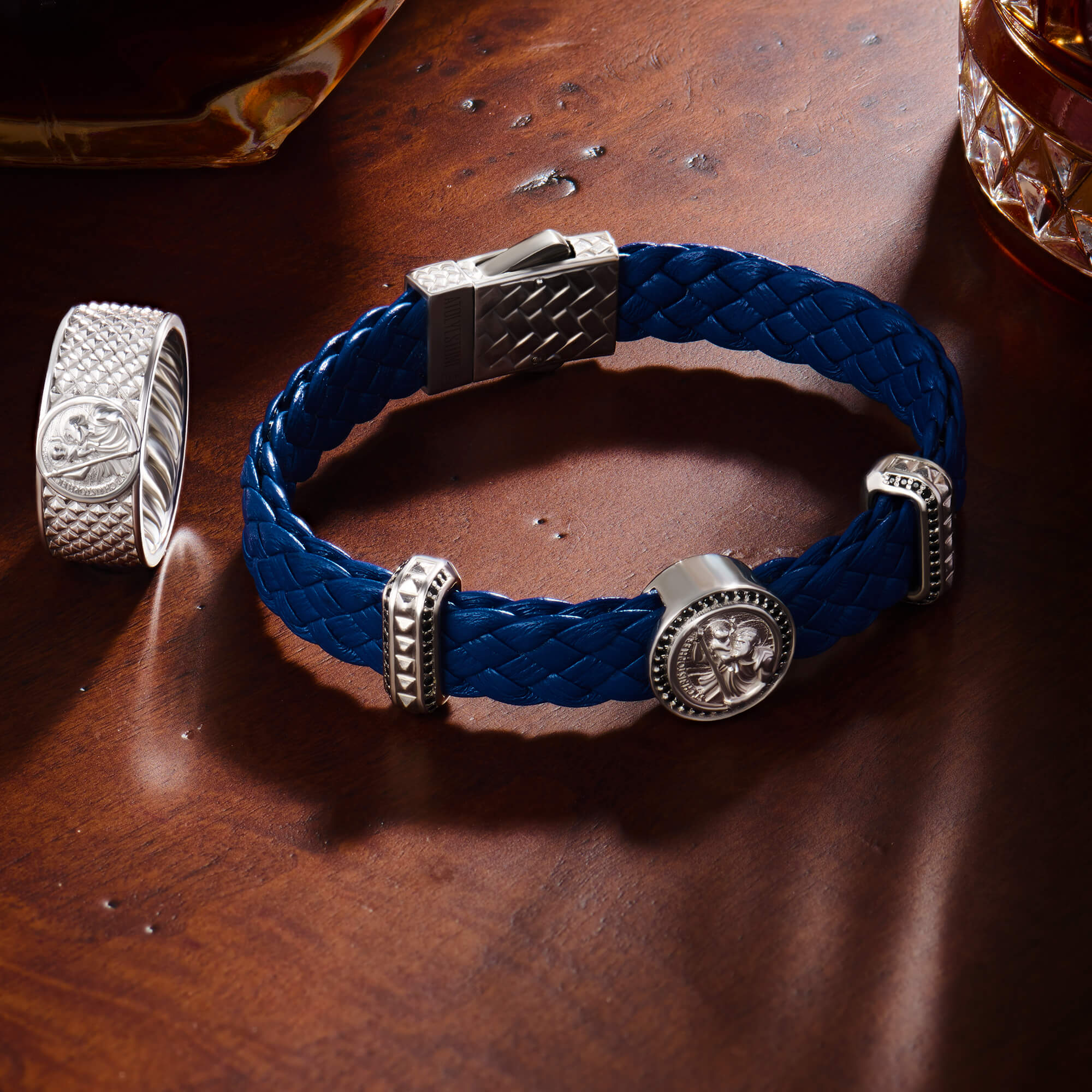 Men's Saint Christopher Leather Bracelet in Real Gold