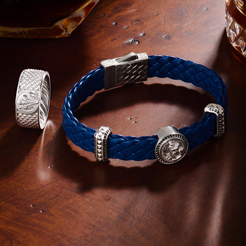 Saint Christopher Leather Bracelet in 925 Sterling Silver - Blue Leather