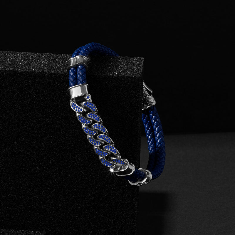 Men's Limited Edition Cuban Links Leather Bracelet - Blue Leather & Sapphire