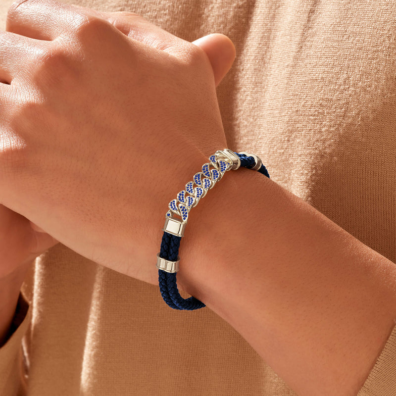 Designer Cuban Links Chain Blue Leather Bracelet - 0.58ct Sapphire Pave