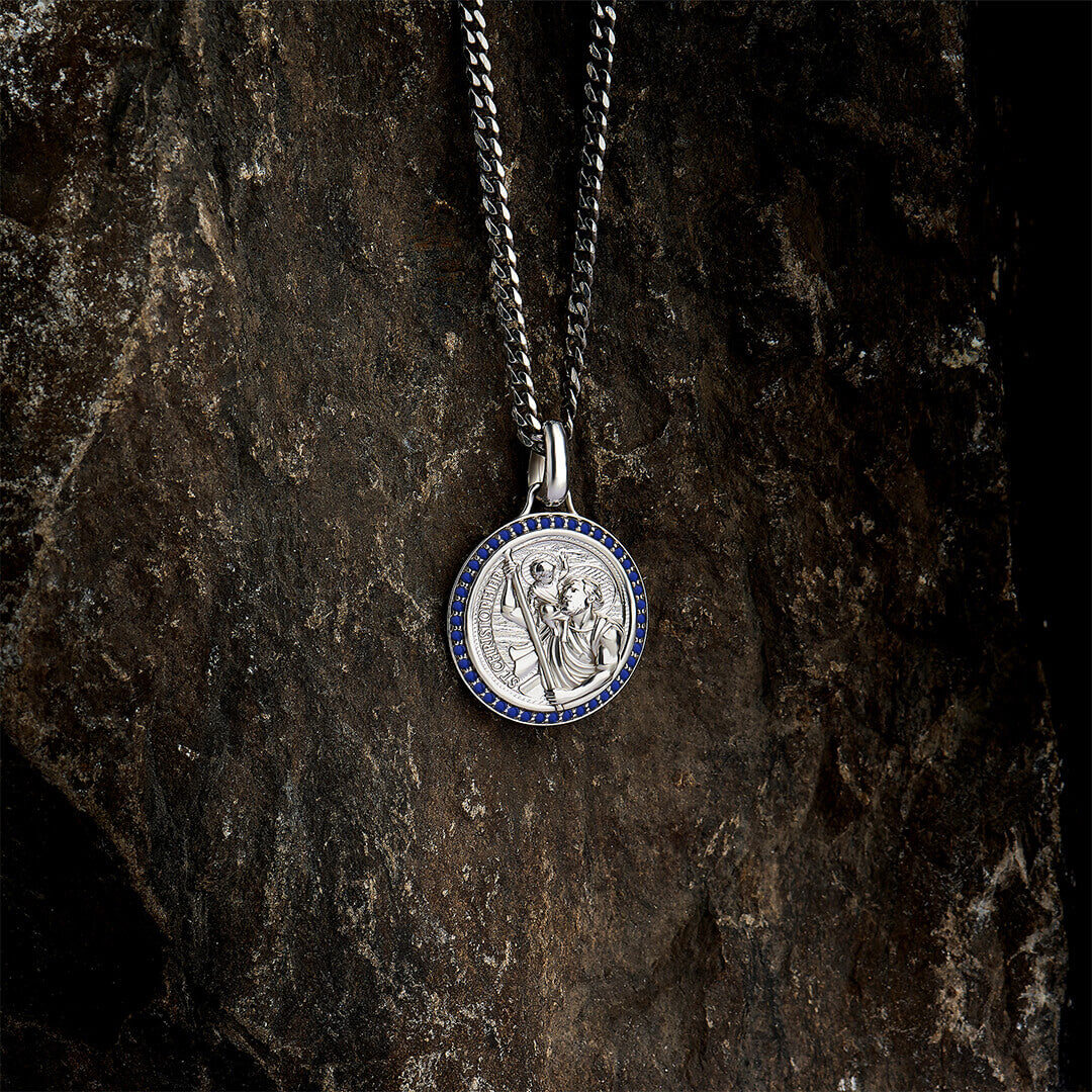 Atoleystone Solid Silver Sapphire St.Christopher Pendant