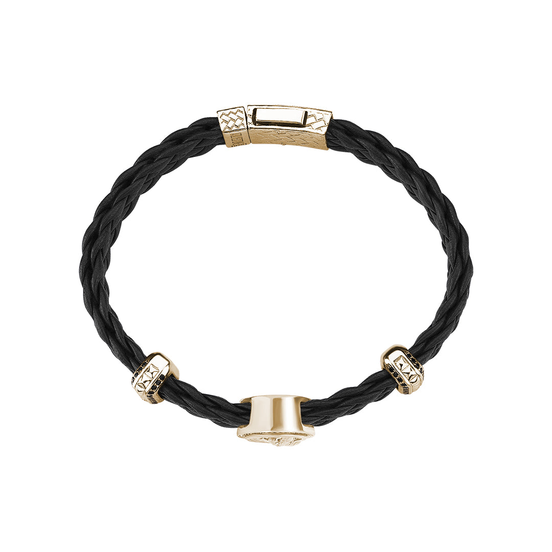 Men's Saint Christopher Black Leather Bracelet in Real Yellow Gold
