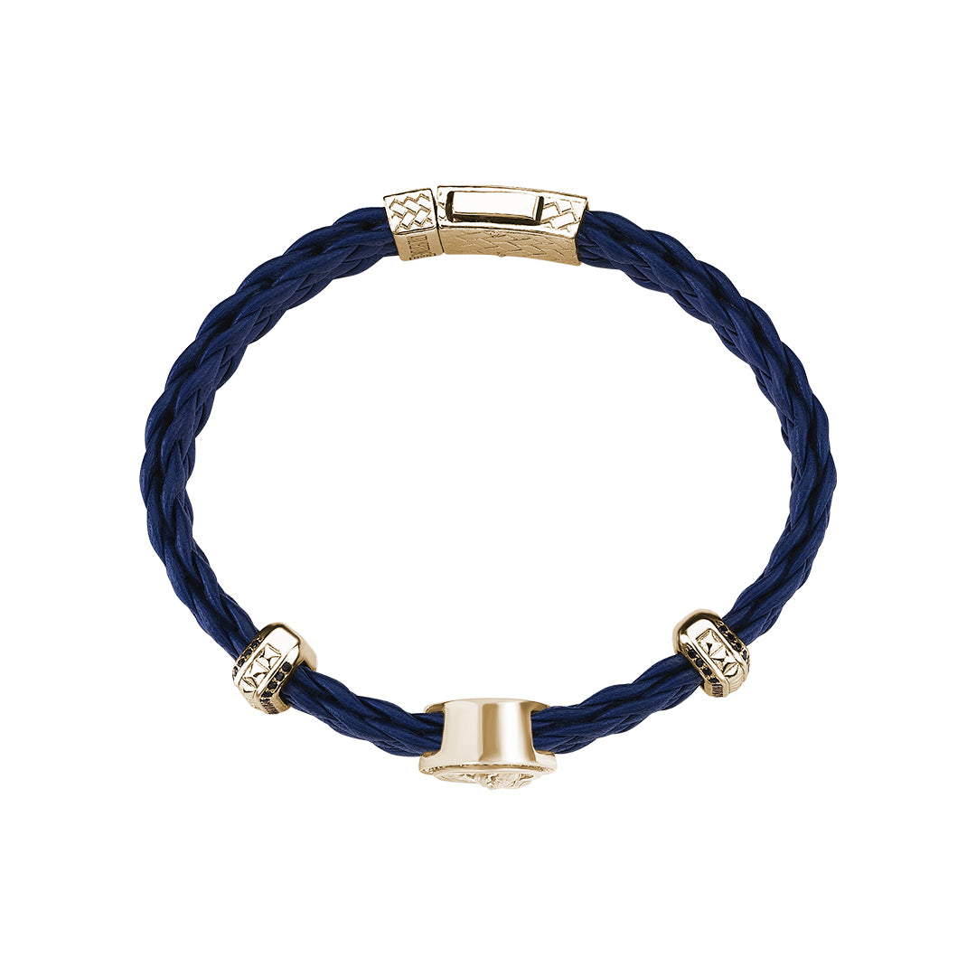 Men's Premium Blue Leather Saint Christopher Bracelet in 925 Sterling Silver - Yellow Gold
