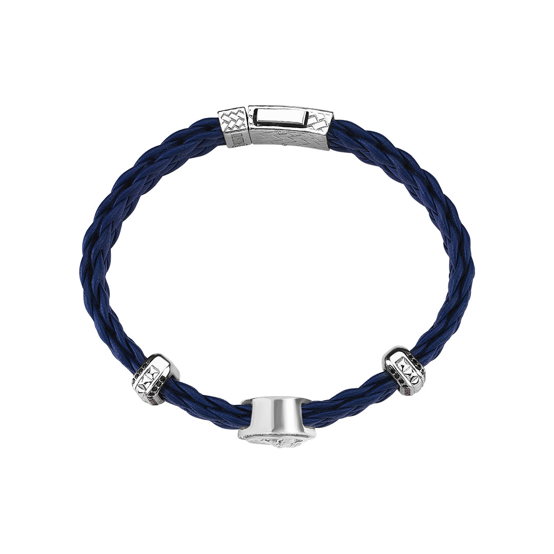 Men's Premium Blue Leather Saint Christopher Bracelet in 925 Sterling Silver