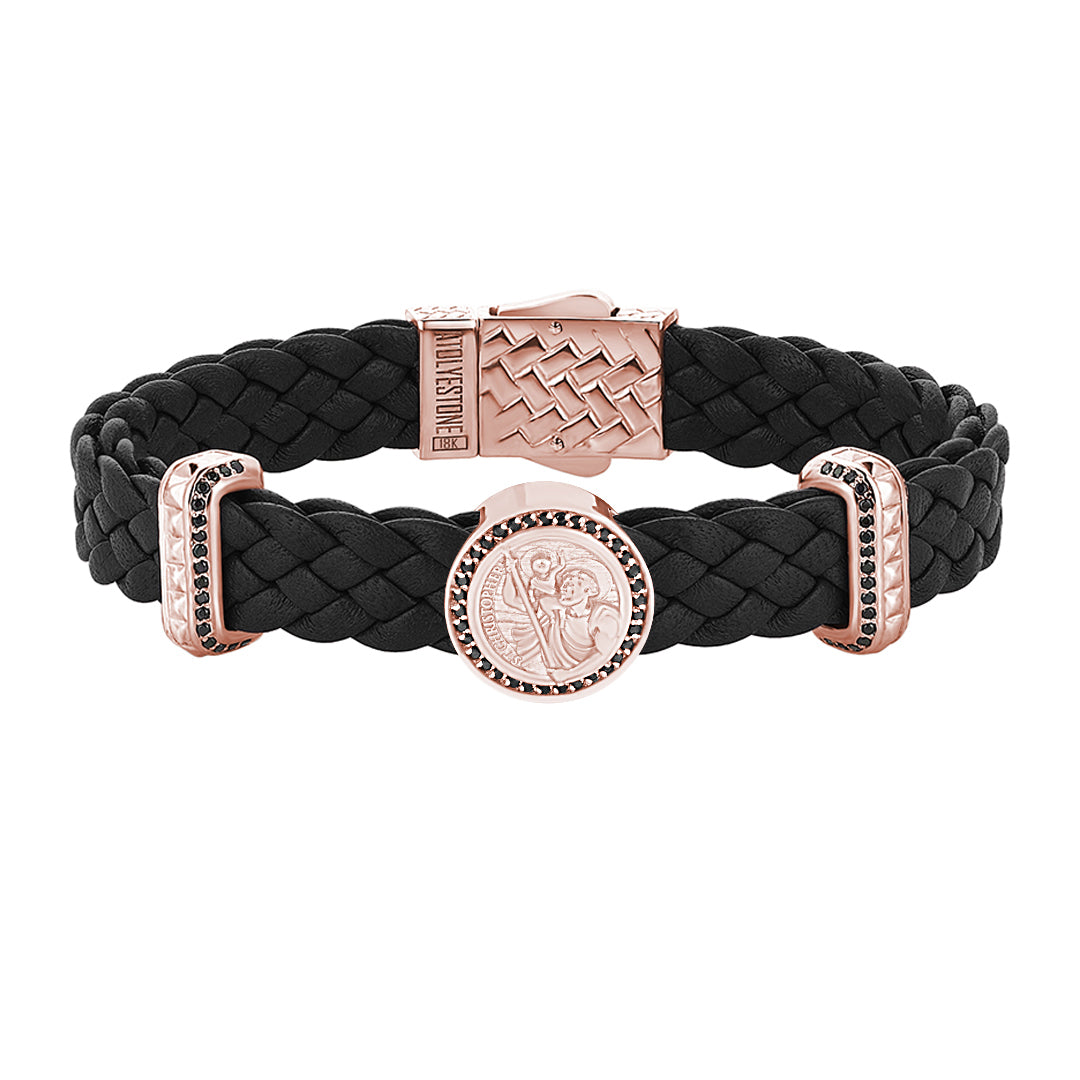 Men's Solid Rose Gold 0.44 ct Black Diamond Pave St. Christopher Black Leather Bracelet