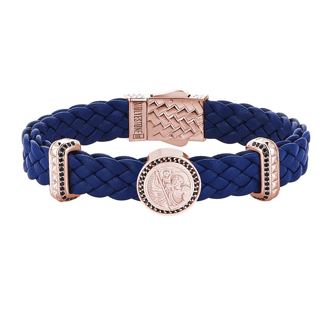 Men's Solid Rose Gold St. Christopher Blue Leather Bracelet