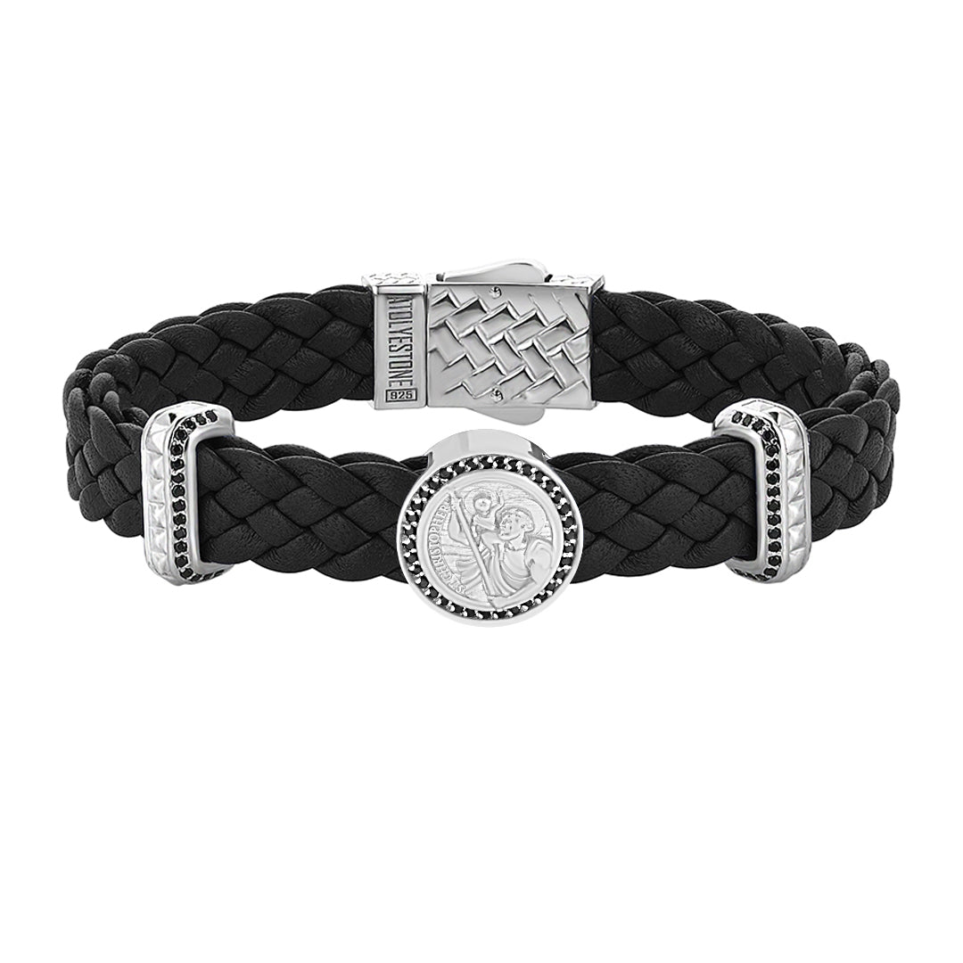 Men's Saint Christopher Black Leather Bracelet in Solid Silver