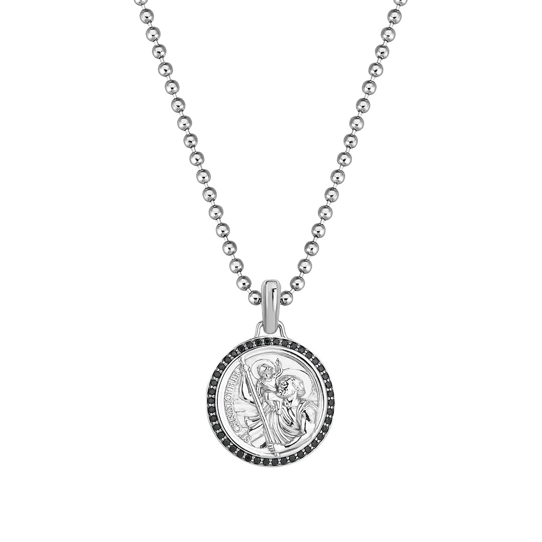 925 Sterling Silver 0.21ctw Black Diamond St. Christopher Necklace with Ball Chain