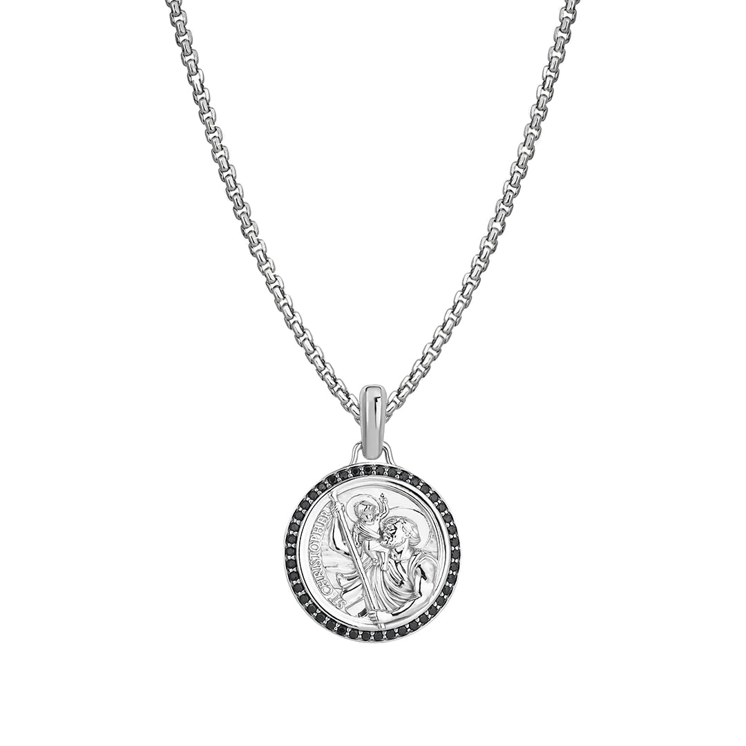 925 Sterling Silver 0.21ctw Black Diamond St. Christopher Necklace with Box Chain