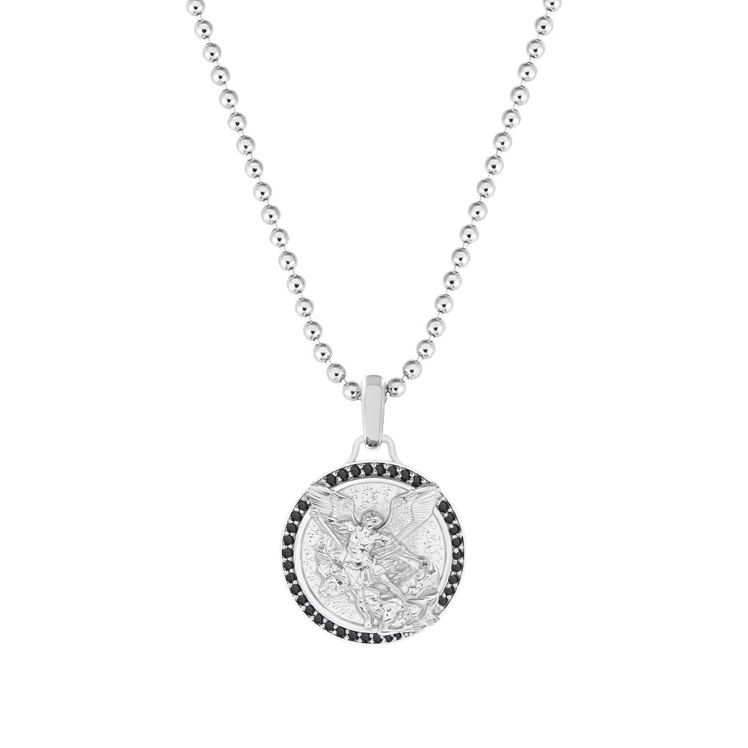 St. Gabriel Pendant in Solid White Gold - Paved Black Diamond