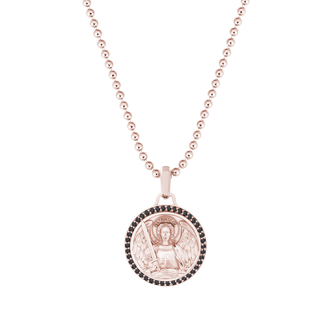 St. Michael Pendant in Solid Rose Gold - Pave Black Diamond
