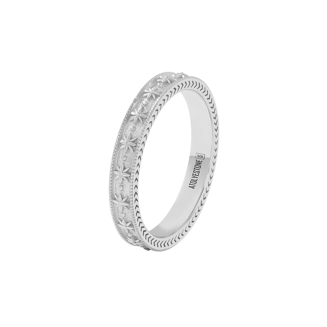 Star-Patterned Solid Silver Milgrain Band Ring