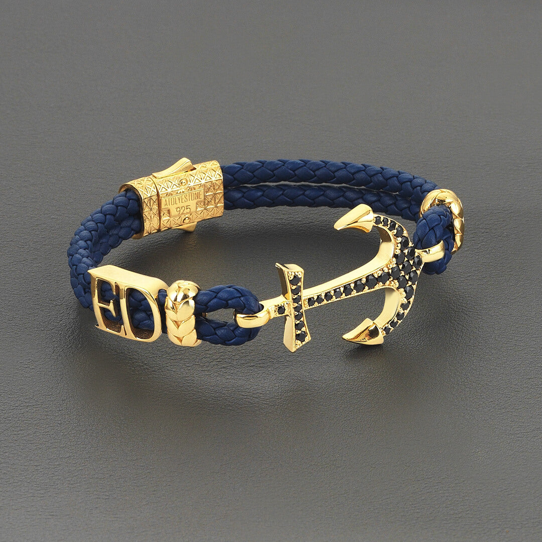 Mens Statements Anchor Leather Bracelet - Gold