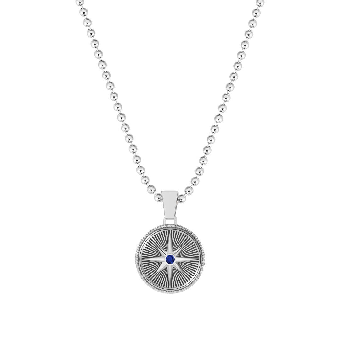 Sunburst Compass Pendant in Solid White Gold - Paved Sapphire