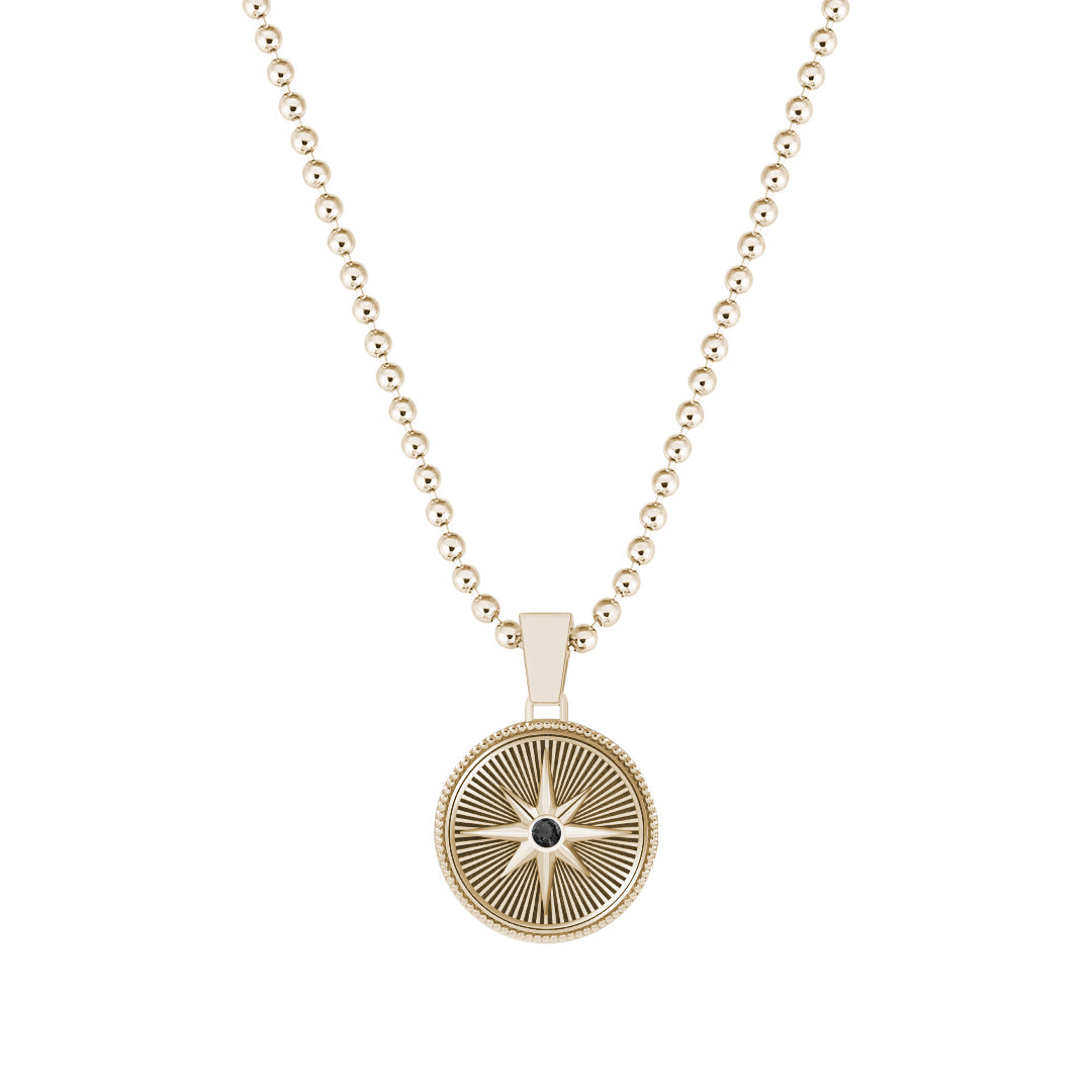 Sunburst Compass Pendant in Solid Yellow Gold - Paved Black Diamond