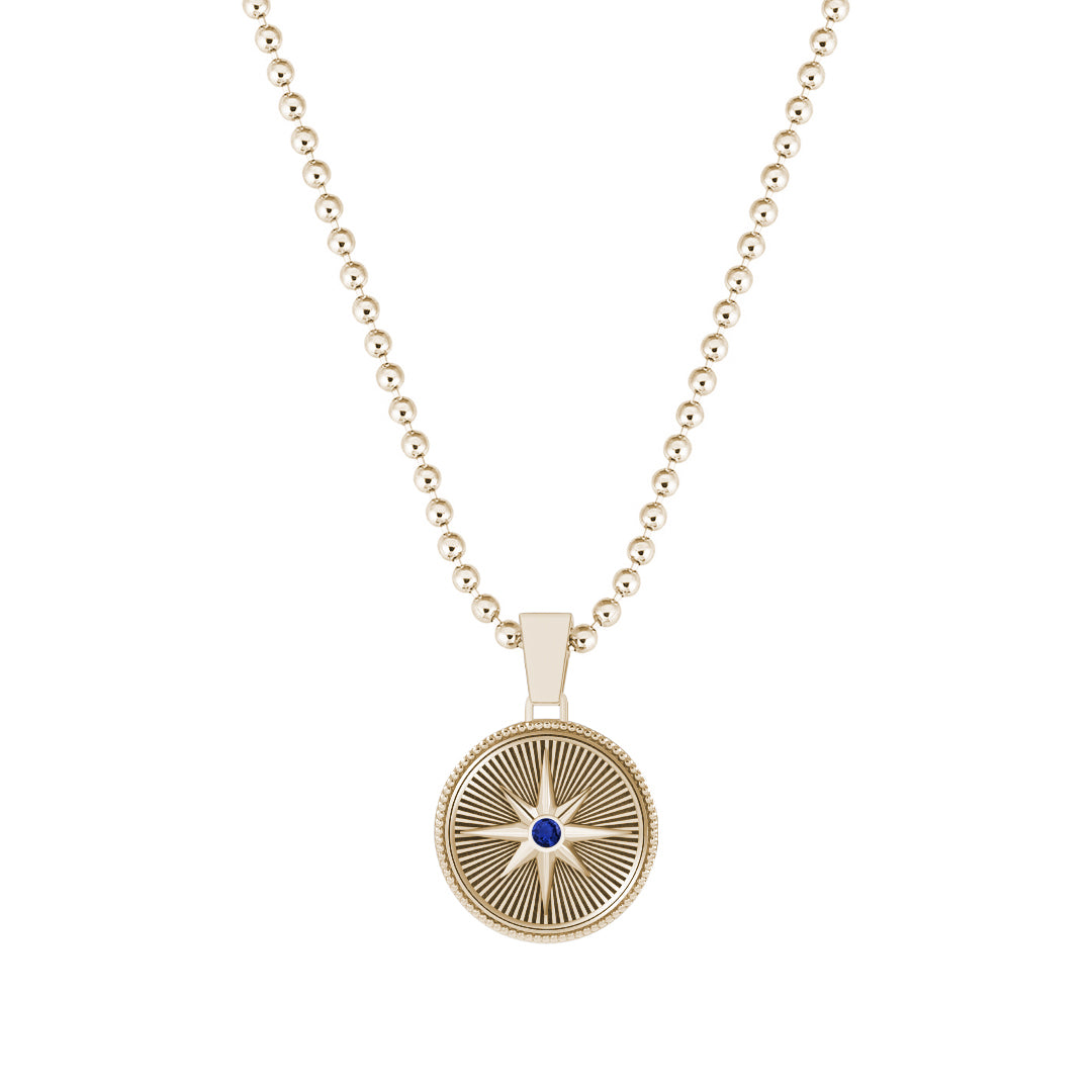 Sunburst Compass Pendant in Solid Yellow Gold - Paved Sapphire