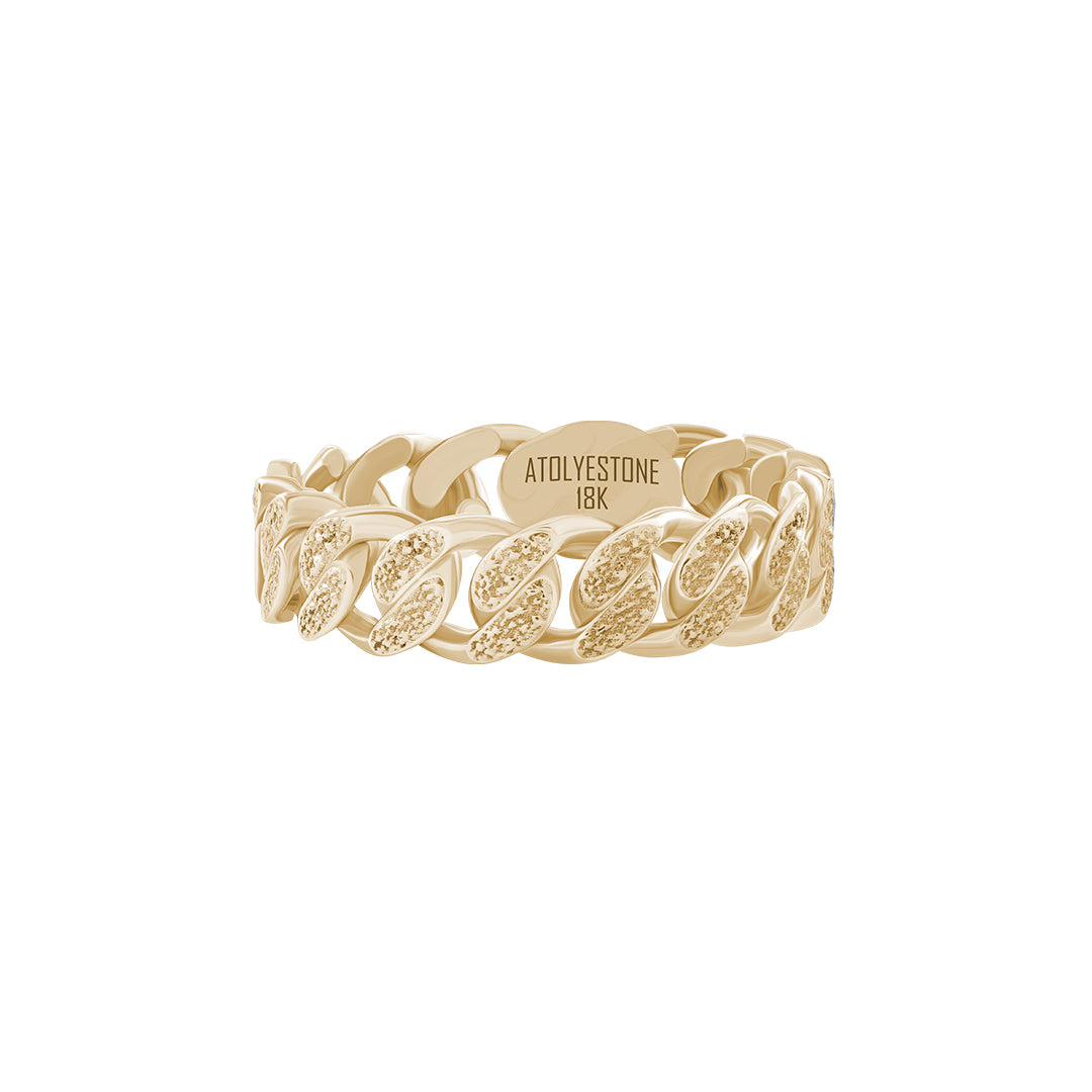 Textured Cuban Link Band Ring in Solid Yellow Gold