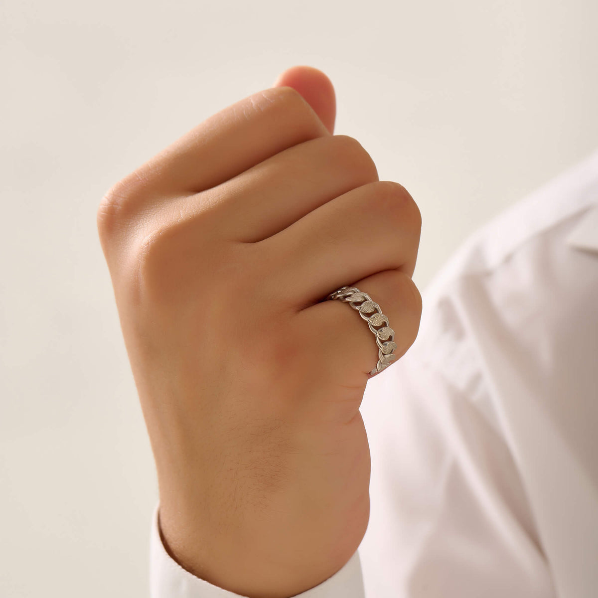 Textured Cuban Chain Band Ring in Silver for Men