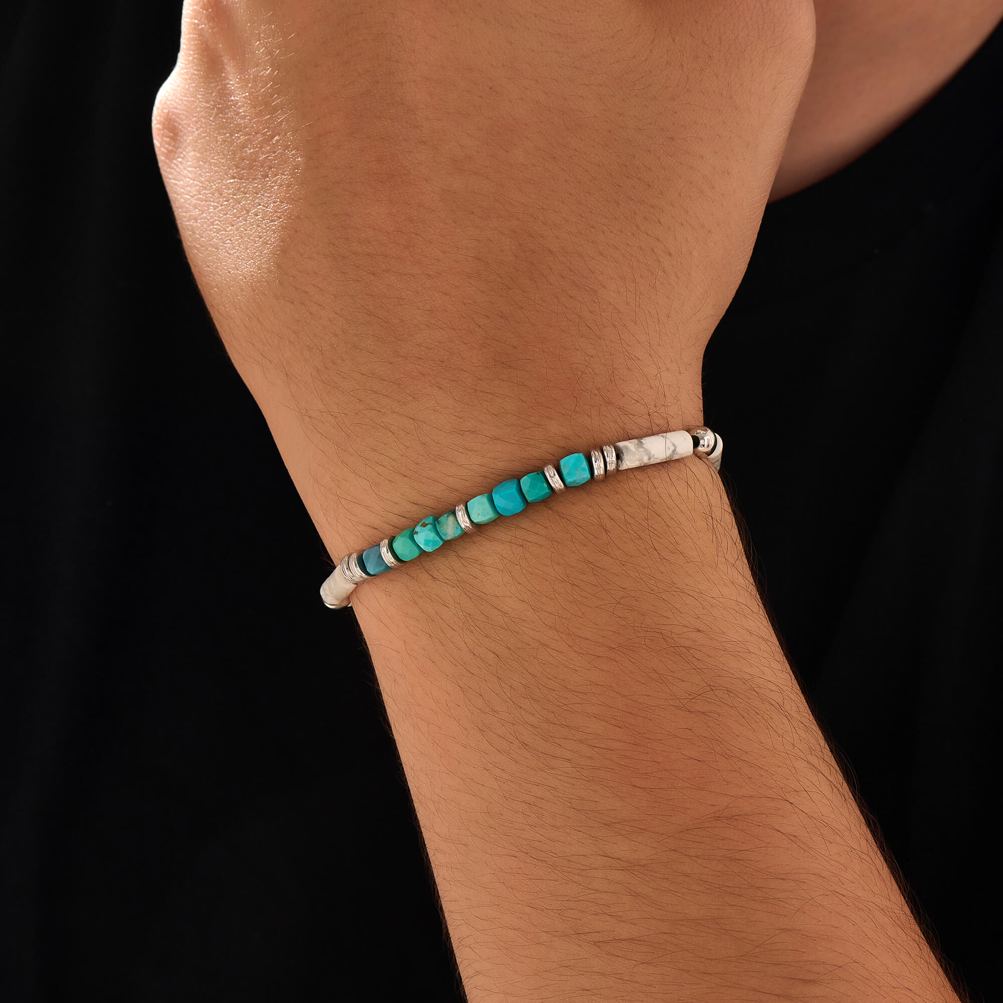 Men's 925 Solid Silver Turquoise & Howlite Tube Style Beads Bracelet