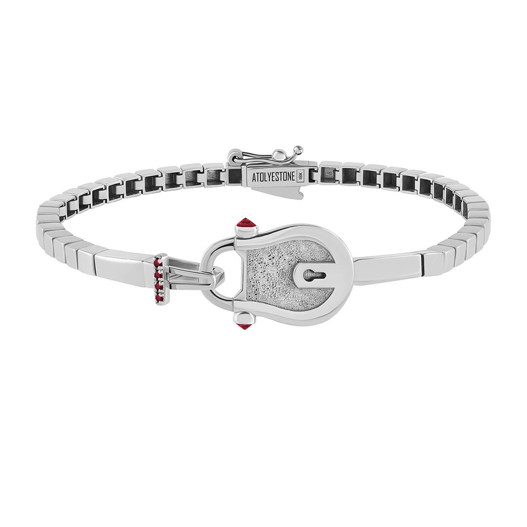 Lock Chain Bracelet in Solid White Gold - Ruby