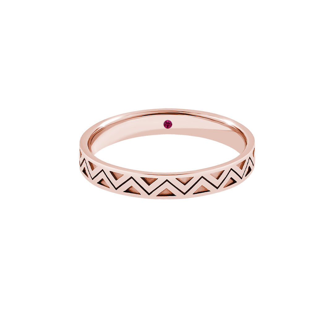 Real Gold Zigzag Band Ring with Ruby Detail - Rose Gold