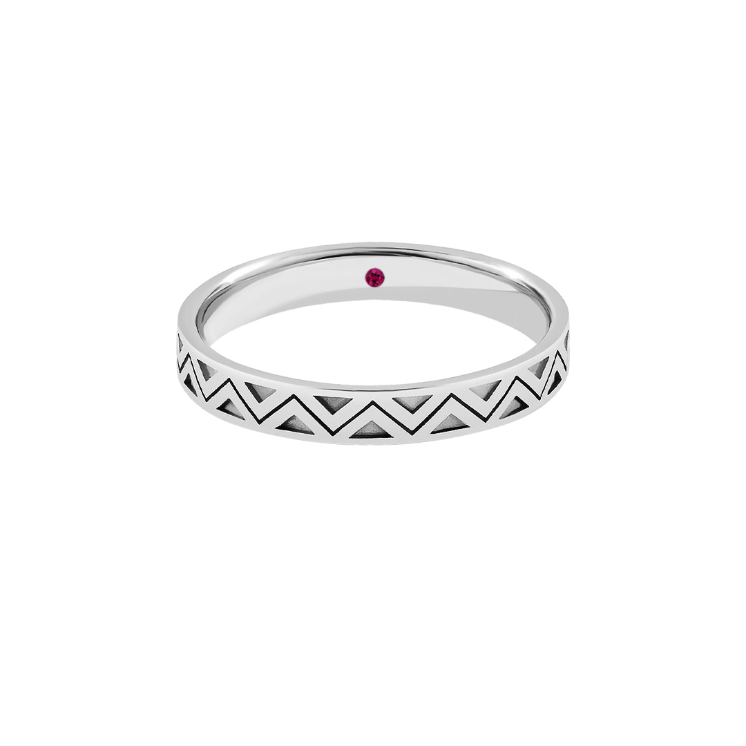 Real Gold Zigzag Band Ring with Ruby Detail - White Gold
