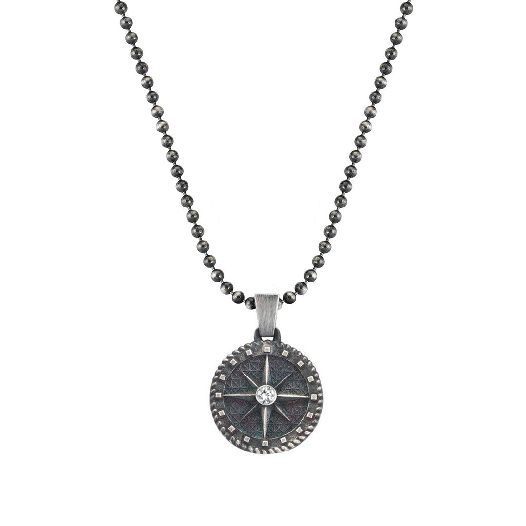 Mens Compass Necklace - White Diamond