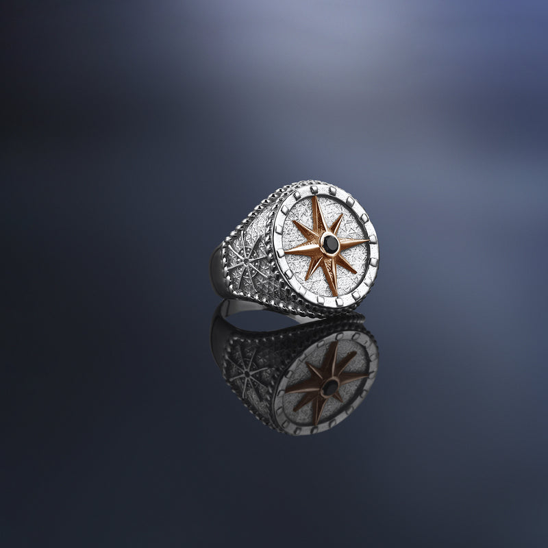 Mens Compass Ring With Solid Gold - Rose Gold