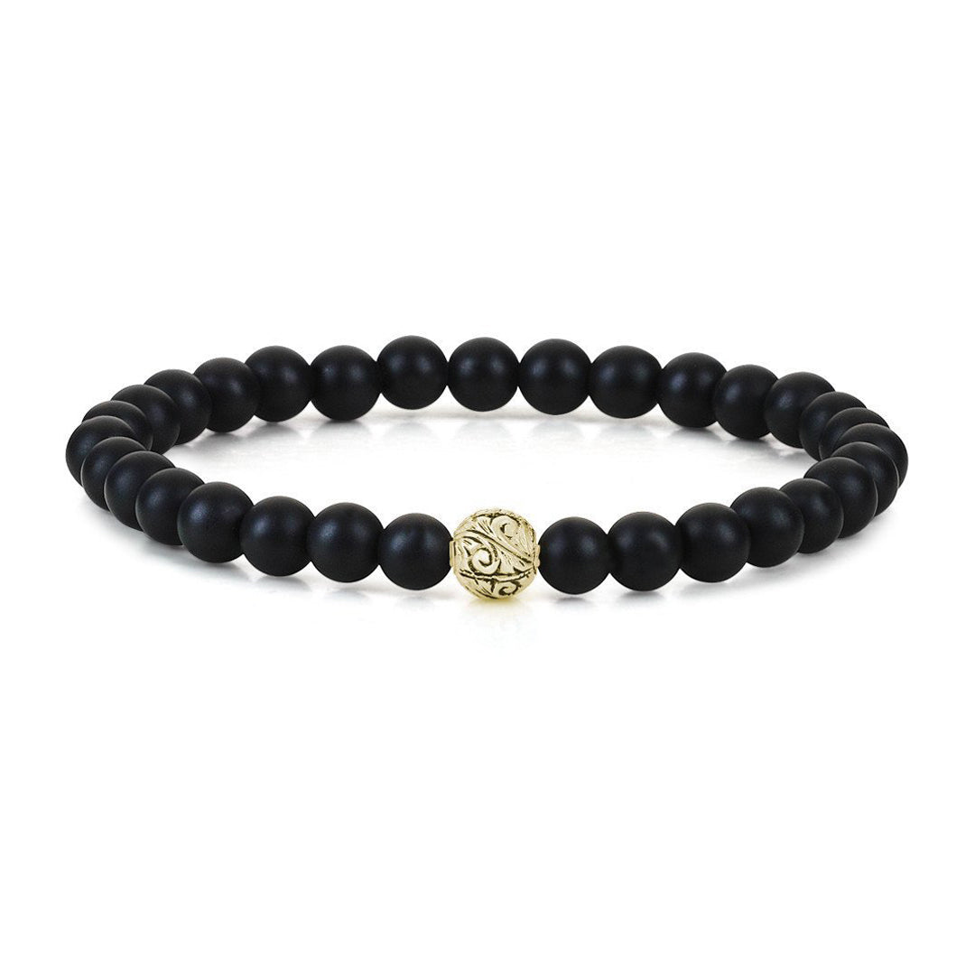 Mens Classic Beaded Bracelet - Yellow Gold - Agate