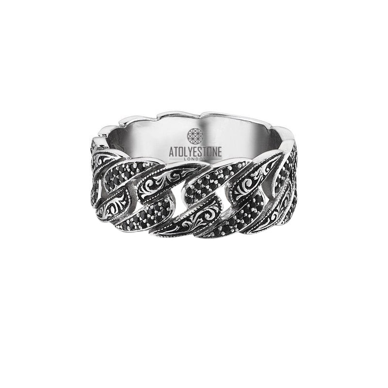 Classic Pave Chain Ring - White Gold - Pave Black Diamond