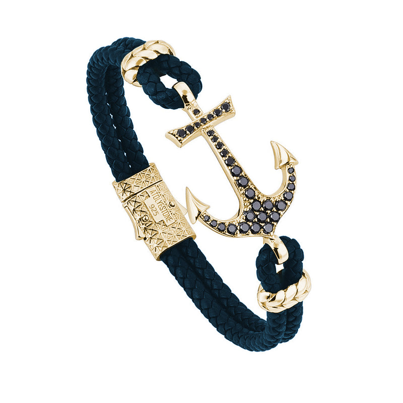 Anchor Leather Bracelet - Yellow Gold - Navy Leather