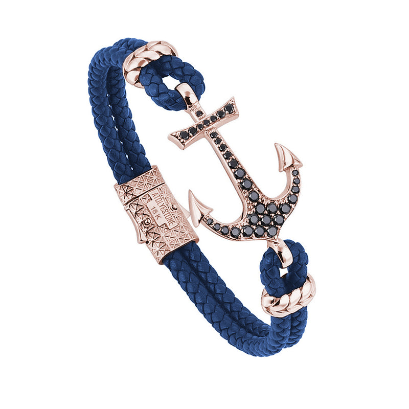 Anchor Leather Bracelet -Solid Rose Gold - Blue Leather