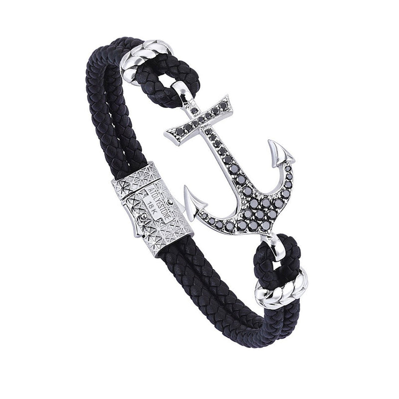 Anchor Leather Bracelet - Solid White Gold - Black Leather - Black Diamond