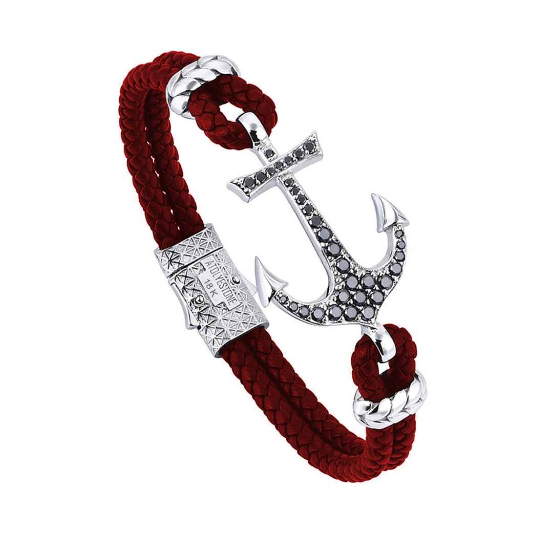 Anchor Leather Bracelet - Solid White Gold - Dark Red Leather - Black Diamond