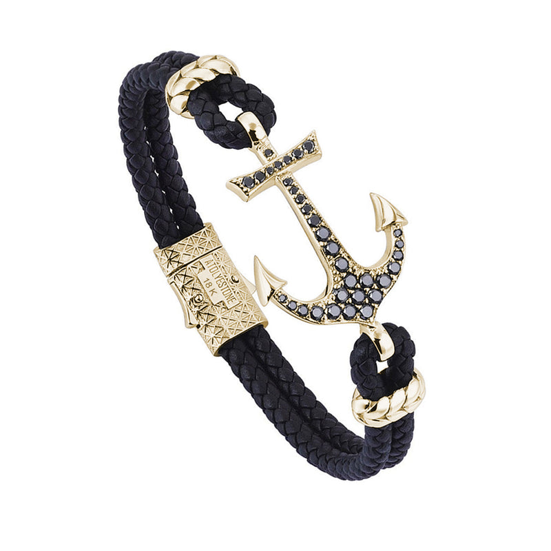 Anchor Leather Bracelet - Solid Yellow Gold - Black Leather - Black Diamond