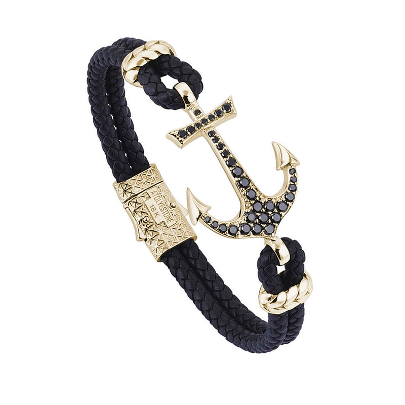 Anchor Leather Bracelet - Solid Yellow Gold - Black Leather - Cubic Zirconia