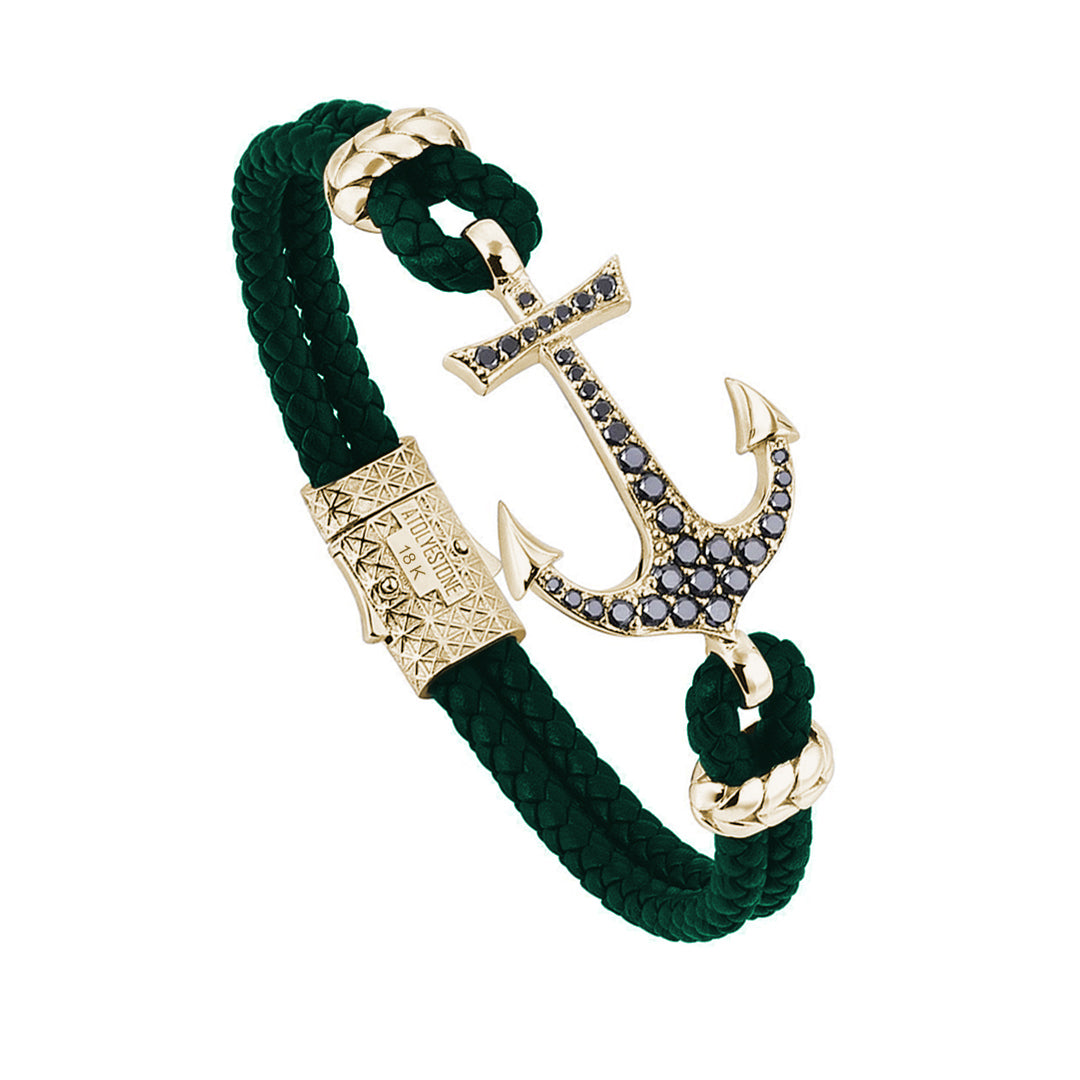 Anchor Leather Bracelet - Solid Yellow Gold - Dark Green Leather - Black Diamond