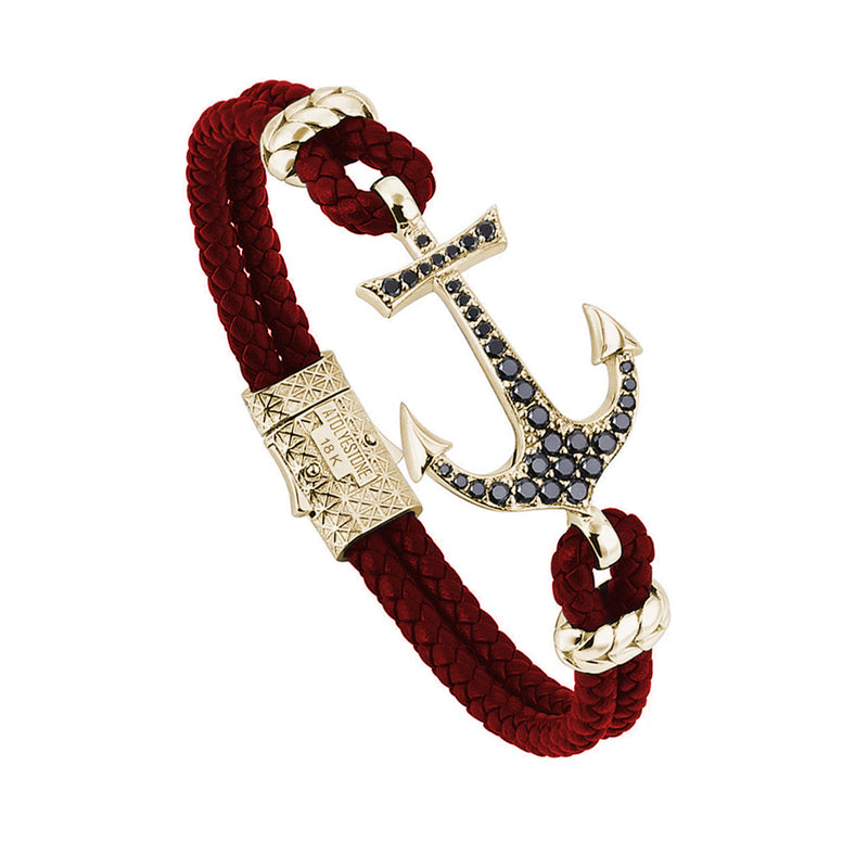 Anchor Leather Bracelet - Solid Yellow Gold - Dark Red Leather - Cubic Zirconia