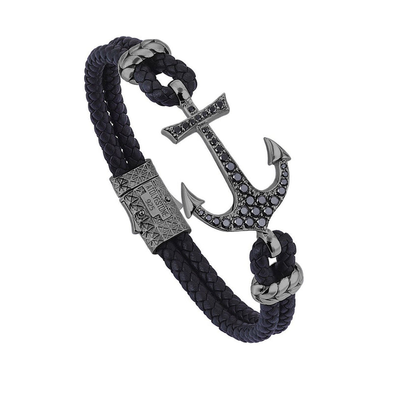 Anchor Leather Bracelet - Silver - Gunmetal - Black Leather