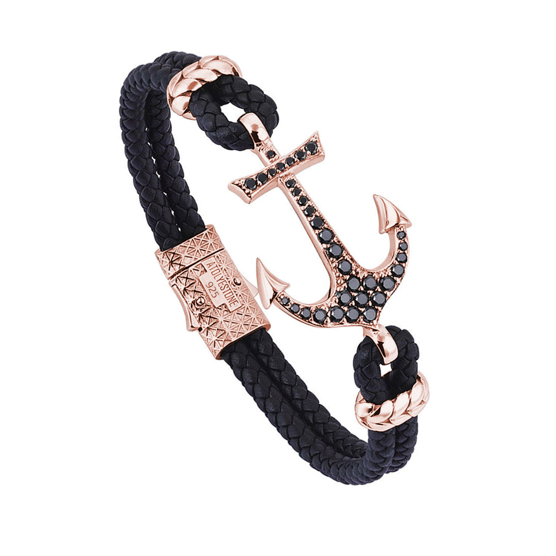 Anchor Black Leather Bracelet - Silver - Rose Gold