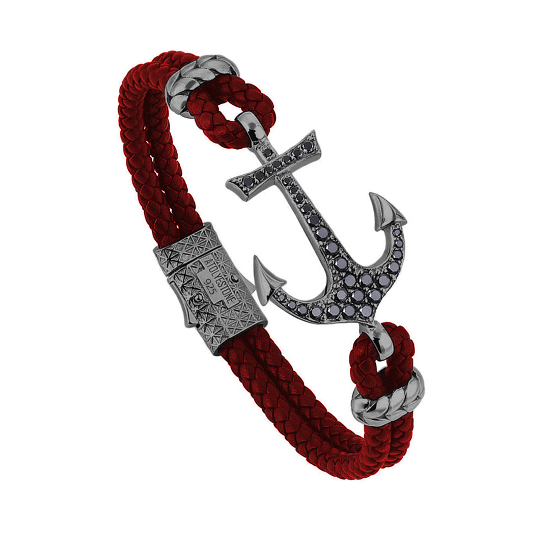 Anchor Leather Bracelet - Silver - Gunmetal - Dark Red Leather