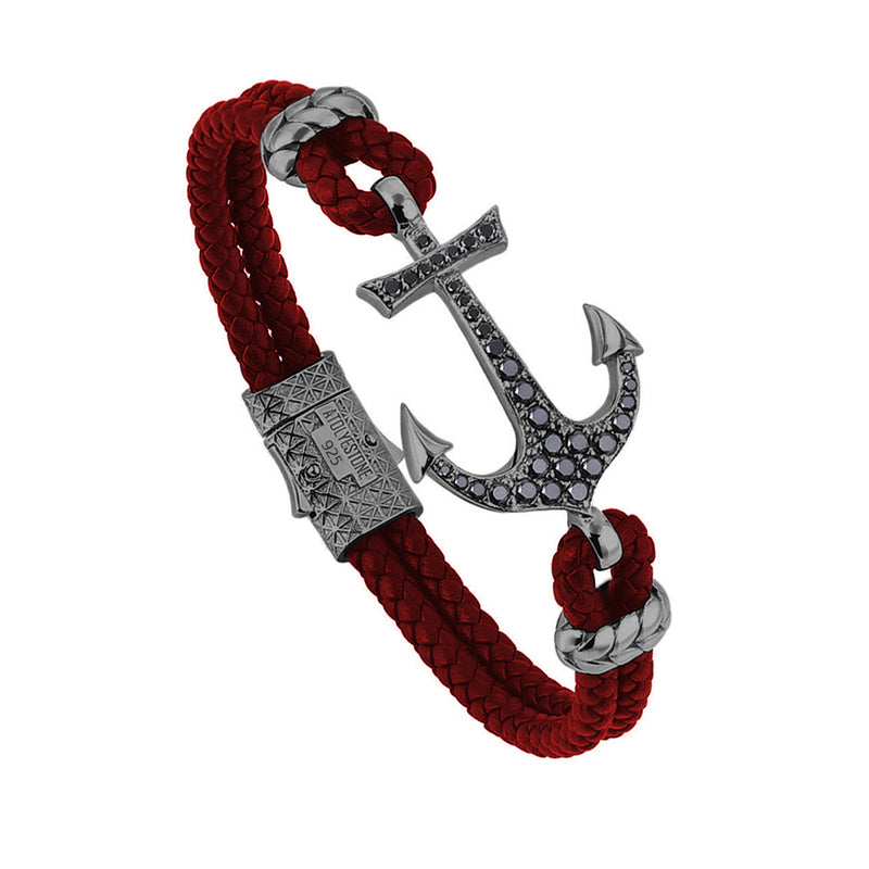 Anchor Leather Bracelet - Silver - Gunmetal - Dark Red Leather 
