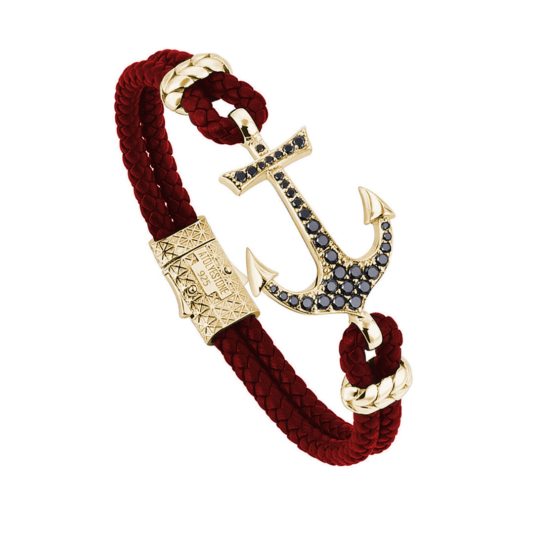 Anchor Dark Red Leather Bracelet - Yellow Gold Plated Silver