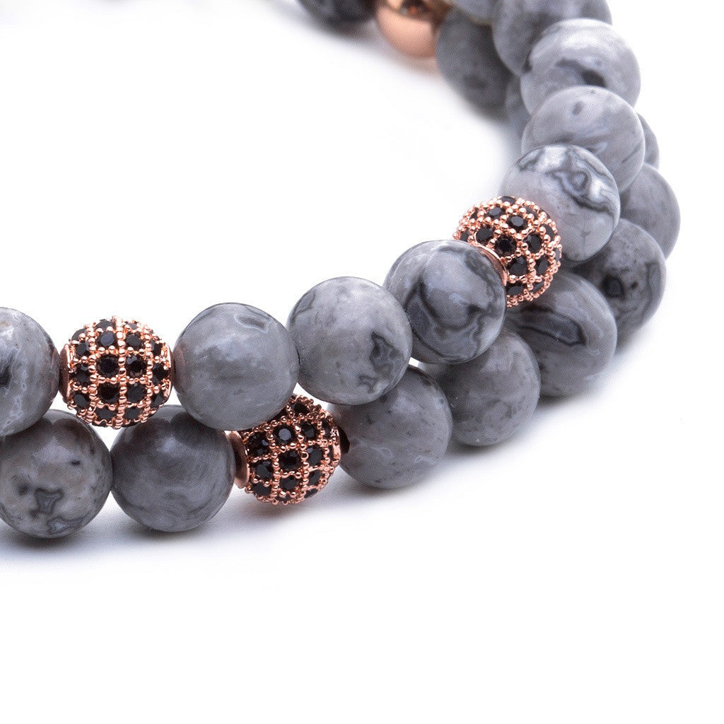 Mens Double Jasper Beaded Bracelets - Grey Jasper
