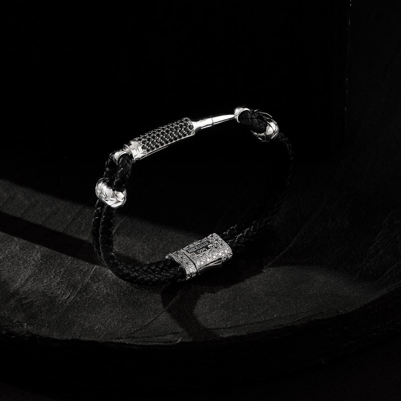 Men's Black Braided Italian Leather Bracelet with CZ Paved 925 Sterling Silver Bullet Design