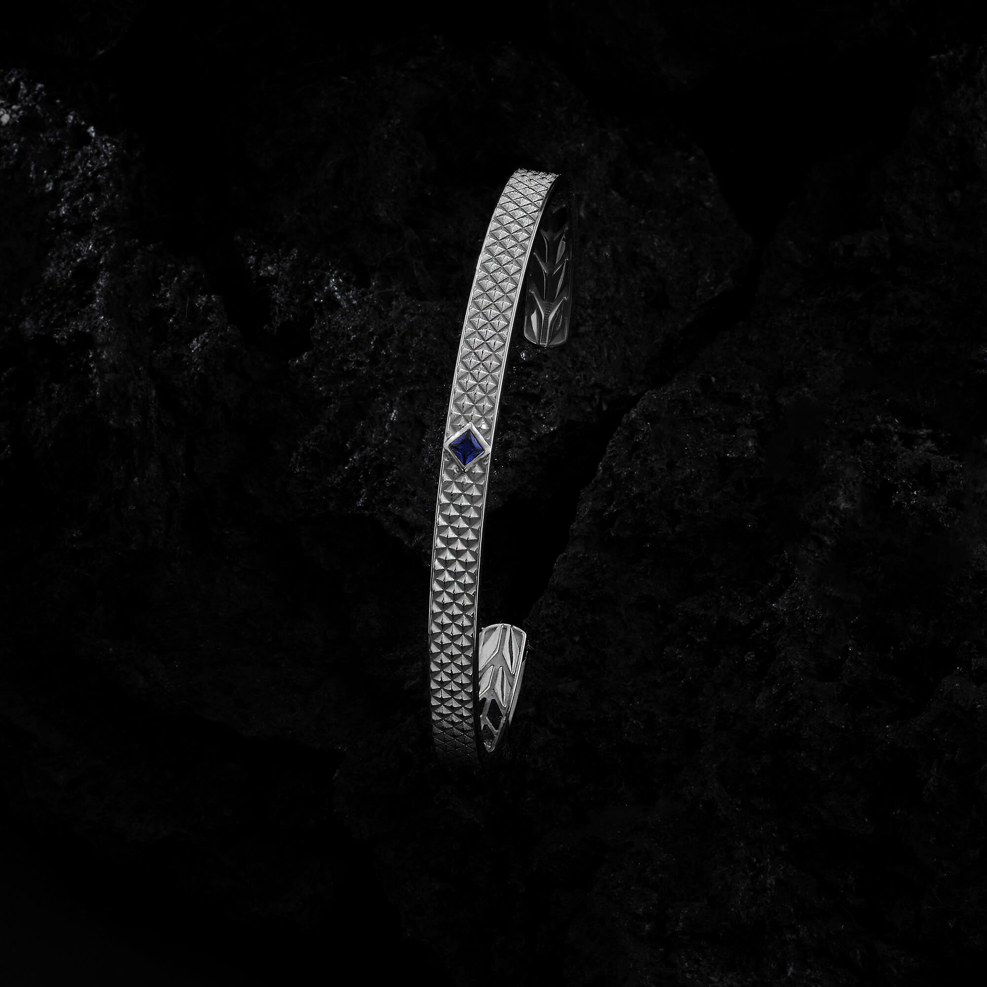 Men's Solid White Gold Sapphire Paved Open Cuff Bracelet with Pyramid Design